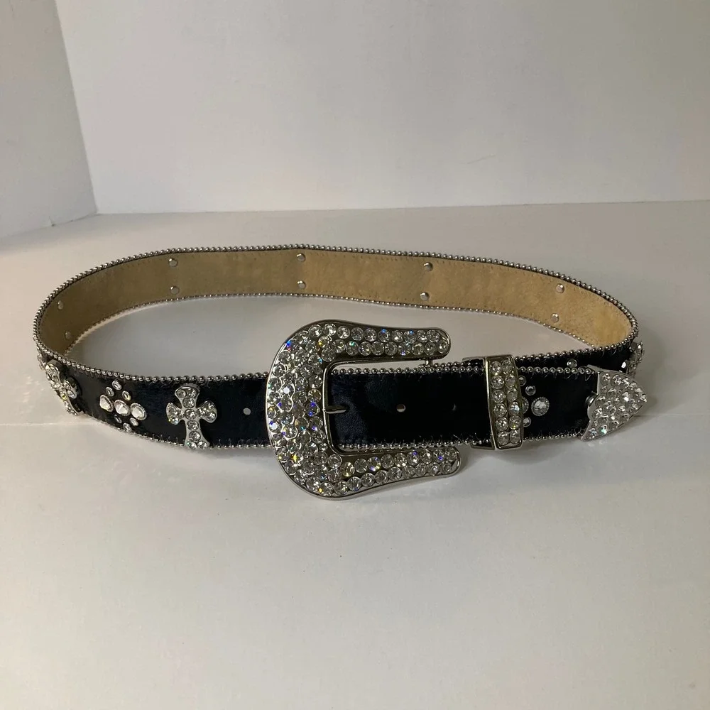 Vintage 1849 Authentic Ranchwear Rhinestone Cross Calfhair Belt 34-L Black 1.5